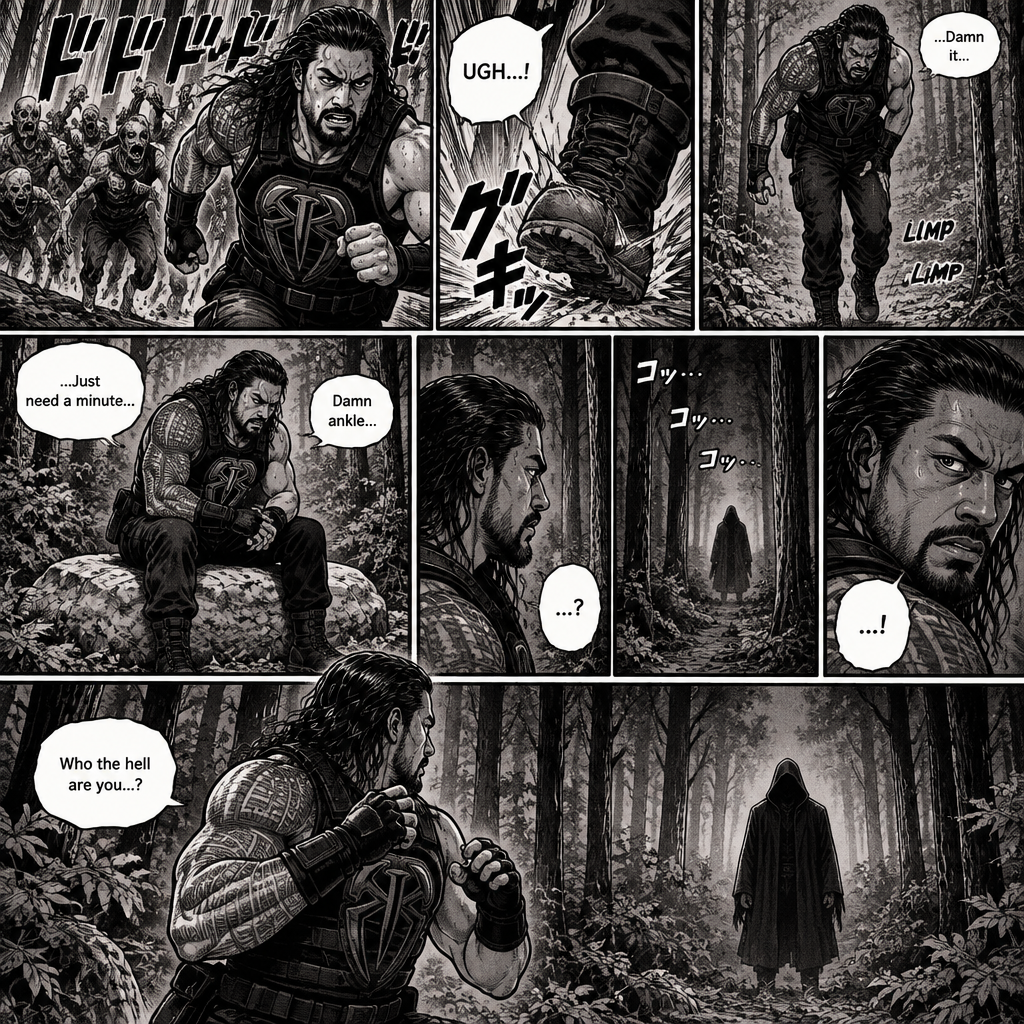 Roman Reigns is in a zombie apocalypse,He walking in the woods. He hurt his ankle while running away from a zombie horde. He’s far away from them and limping in the woods. The pain in his ankle was too much to ignore so he sat down on a rock,he sat there for a while….then….he heard distant footsteps. He looked behind him. There’s a hooded figure in the distance. He slowly stood up,he had his guard up