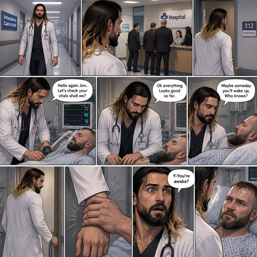 Seth Rollins is a Doctor. He had been looking after a patient (Jon Moxley) who had been in a coma for two years. One day he was walking to Jon’s room,Then he saw men in suits at the front desk. He thought nothing of it and kept walking. He entered Jon’s room. “Hello again Jon,Let’s check your vitals shall we?” Said Seth. He checks Jon’s vitals. “Ok everything Looks good so far” said Seth. He looked at Jon’s face. “Maybe someday you’ll wake up,Who knows?” Said Seth. He got up to leave the room….But a hand grabbed a hold of his wrist. Seth gasped. It was Jon,He’s wide awake and Looking at Seth. “Y-You’re awake” Said Seth