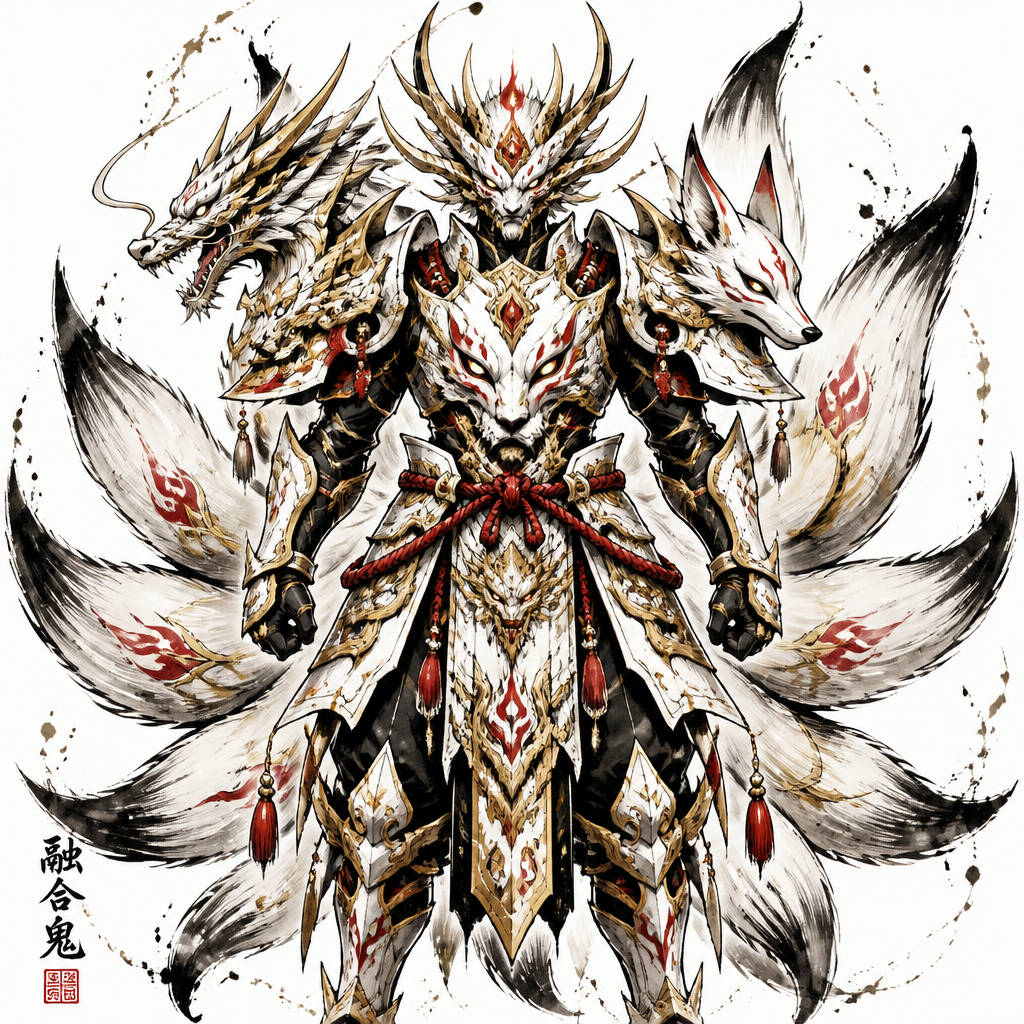 Fuse Oni, loung dragon, 9 tail fox into a 9 tail fox style chest and waist armor that has all the best appearance from Fuse Oni, loung dragon, 9 tail fox. Only show final product. Colors white,gold,red, black. Front view