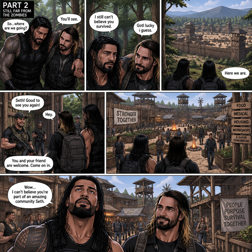 (Part 2 of the Zombie Apocalypse story). Still in the woods,Still far away from the zombies. Roman Reigns was still limping from the sprained ankle and Seth Rollins was helping him walk. It had been 4 hours since they reunited. “So…where are we going?” Roman asked. “You’ll see” said Seth. “I still can’t believe you survived” Said Roman. “Got lucky i guess” said Seth. They kept walking till they spotted a community like town up a head. “Here we are” Said Seth. They walked towards it. One of the guards recognized Seth. The guards let Seth and Roman in. Roman looked at the surroundings,he was amazed. “Wow…I can’t believe you’re part of an amazing community Seth” Said Roman