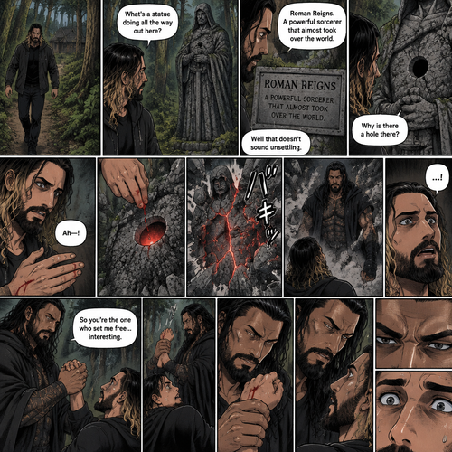Seth Rollins was walking in the woods near his house,Then…he discovered an old statue Of a man in a cloak (Roman Reigns). “What’s a statue doing all the way out here?” Seth asked himself. He looks at the nameplate “Roman Reigns,A powerful sorcerer that almost took over the world”. “Well that doesn’t sound unsettling” Seth said to himself sarcastically. Then he noticed a hole on the statue. “Why is there a hole there?” Seth asked himself. Then….Seth somehow accidentally cut his hand. A little bit of his blood dripped into the hole,Then…..the hole started glowing,Then the statue….started to crack. Then…the statue broke apart….revealing…the sorcerer himself. Seth was shocked. The sorcerer looked down at Seth. Seth was about to scramble away…but the sorcerer grabbed His wrist before he could get away. He pulled Seth up off the ground by the wrist. He looked at the cut on Seth’s hand. Then he looked back at Seth. Then..the sorcerer spoke “so you’re the one who set me free…interesting”. Seth’s heart was pounding. The sorcerer pulled Seth toward him to get a closer look. He looked at Seth’s eyes