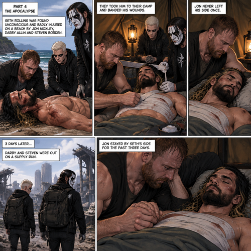 Part 4 of the apocalypse story.Seth Rollins was found unconscious and badly injured on a beach by Jon Moxley,Darby Allin and Steven Borden (Sting’s son).They took him to their camp and bandaged his wounds.Jon never left his side once.3 days later,Seth was still unconscious,Darby and Steven were out on a supply run,Jon stayed by Seth’s side for the past three days.Jon gently held Seth’s hand