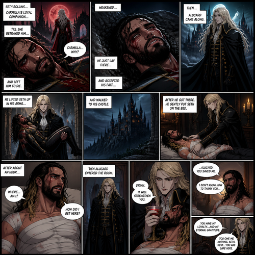 WWE superstar Seth Rollins as a vampire in Castlevania (Netflix series).He was Carmilla’s loyal companion…Till she betrayed him and left him to die.he was weakened.He just layed there and accepted his fate…Then…A long came Alucard.He lifted Seth up in his 
Arms and walked to his castle.After he got there He gently put Seth on the bed.After about an hour Seth woke up.His wounds were all bandaged up.He had no idea how he got here and then Alucard entered the room.He Fed Seth Some of his blood.Seth is very grateful and Thankful for Alucard for saving him