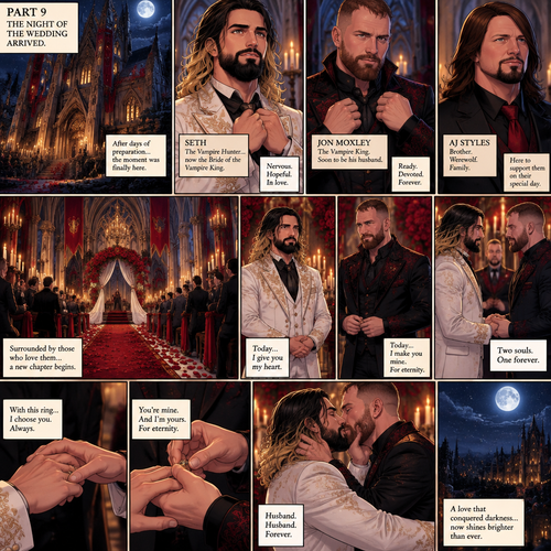 (Recap) Seth Rollins (The vampire hunter turned Bride of the Vampire king) Reunited with his long lost brother Aj Styles,Time skip to 3 days before the wedding,Seth and Jon Moxley (Vampire King) were still preparing,Aj helped out,The night before Aj had told Jon and Seth that he’s a werewolf,Seth and Jon were shocked but were happy that Aj was being honest with them,Seth was on the balcony Looking at the view and Looking nervous about the wedding,Jon appeared behind him checking in on him,“Can’t sleep?” Jon asked,“No” Said Seth,Jon wrapped his arms around him,“What’s on your mind?” Jon asked,”I’m just very nervous about our wedding,Don’t get me wrong I want to marry you…It’s just….what if I mess up? What if people don’t like me?…what if…..I’m not enough….for you?” Said Seth,”Look at me my love” Jon said softly,Seth looked up at him,”You’re not gonna mess up,I’ll be right with you,If people don’t like you they’ll have to deal with me,You ARE enough for me,You’re the only one I want,The ONLY one i love,You’re mine..and I’m yours,For eternity” Jon said softly,Seth’s heart fluttered,Jon kissed him softly,”I love you” Jon said Softly,”I love you too” Seth said softly,They kissed again. (And now part 9) The night of the wedding arrived