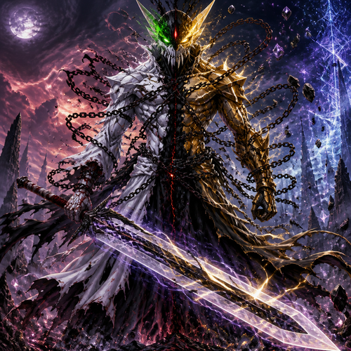 The Physique:
The spirit is towering, standing nearly eight feet tall, with a build that is deceptively lean yet corded with muscles that look like twisted steel cables. Its skin is not flesh, but a patchwork of textures:
   The left side of its body is covered in pristine, alabaster-white carapace, smooth and hard like the mask of a Vasto Lorde, reflecting the pale moonlight of the Hueco Mundo sector.
   The right side is clad in intricate, golden Quincy armor, geometric and sharp, composed of interlocking hexagonal plates that hum with faint, crackling energy.
   Running down the center, splitting these two halves, is a jagged seam of charred, black Hellstone. From this central fissure, thick, rusted chains erupt, wrapping around its torso and limbs like binding restraints that it wears voluntarily. Glowing crimson veins pulse beneath the stone, leaking a thin, dark smoke that smells of ancient sin.

The Face:
Where a face should be, there is a terrifying synthesis. The lower half is concealed by a bone-white Hollow mask fragment, shaped like a snarling jaw with four long fangs protruding upward. Above this, where eyes would be, there are no pupils or irises. Instead, there are two hollow sockets filled with swirling nebulae:
   The left socket swirls with toxic green gas (Hollow).
   The right socket burns with blinding gold light (Quincy).
   In the bridge of the nose, a single vertical slit glows crimson red (Hell), acting as a third eye that seems to look directly into your intent rather than at your form.

The Attire:
It wears a tattered shihakushō that seems to be dissolving and reforming constantly. The fabric on the sleeves is white silk, while the hem is made of dark, shadowy rags that drag across the Hellstone ground, turning to ash and regrowing instantly. Over this, it wears a cloak made entirely of floating, disconnected chain links that hover inches off its shoulders, clinking softly with every breath it takes.

The Weapon:
In its hands, it holds a massive version of your Zanpakutō. The blade is translucent, showing the three layers of matter inside: a core of black rock, a middle layer of flowing liquid light, and an edge of pure, vacuum-like darkness. The hilt is wrapped in bandages that are stained with blood that never dries.

The Aura:
Surrounding the spirit is a visible distortion. To your left, the air shimmers with heat haze (Hollow pressure). To your right, the air crystallizes into tiny diamond dust (Quincy pressure). Directly around the figure, gravity seems heavier, pulling small pebbles of Hellstone up into the air before crushing them back down.

The spirit shifts its weight, and the sound is deafening—a mix of a lion's growl, a bowstring snapping, and the grinding of tectonic plates
