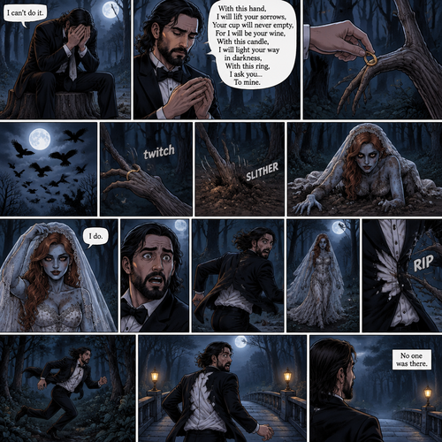 (Part 1 of the corpse bride,Seth x Becky style). Seth Rollins was walking in the woods alone at night after running away from a wedding rehearsal. After a while He sat at a tree stump,he puts his head in his hands. “I can’t do it” Seth said to himself. He took a deep breath. He began practicing his vows,”With this hand,I will lift your sorrows,Your cup will never empty,For I will be your wine,With this candle,I will light your way in darkness,With this ring,I ask you…To mine”. He puts the wedding ring on a tree branch that suspiciously looks like a ring finger. Then the crows flew by,Then….The branch the suspiciously looked like a hand…twitched. Then….The branch that suspiciously looks like a hand pulled itself underground. Seth got spoked when he saw that. Then…an undead woman in a wedding dress (Becky Lynch) crawled out from the ground. She stood up,Lifted her vail,Looked at Seth and said in a quiet voice “I do”. Seth got scared and ran further into the woods. The woman just slowly and calmly walked after him. While Seth was running his tuxedo jacket got caught in some branches and ripped. He kept running till he got to a bridge. He looked behind him…No one was there