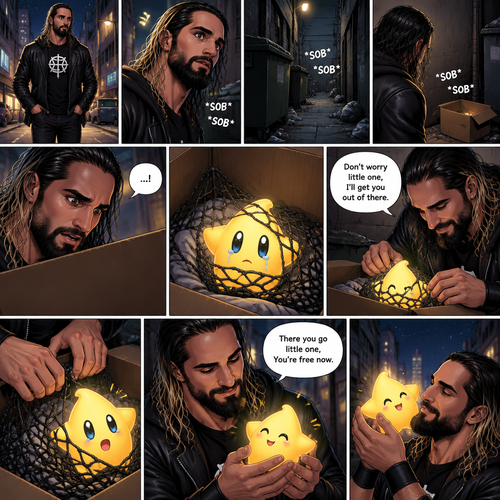 Seth Rollins was having a stroll down the street at night,then…he heard a small crying sound. He followed the sound to an alleyway. At first he didn’t see anything…then he heard the small crying noise coming from a box. He looked inside…he couldn’t believe it…it was a star (Luma). It was tangled up in a net. He got over his shock. “Don’t worry little one,I’ll get you out of there” said Seth. He gently untangled the net off Luma and gently picked  him up. “There you go little one,You’re free now” said Seth