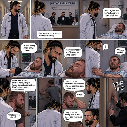 Seth Rollins is a Doctor. He had been looking after a patient (Jon Moxley) who had been in a coma for two years. One day he was walking to Jon’s room,Then he saw men in suits at the front desk. He thought nothing of it and kept walking. He entered Jon’s room. “Hello again Jon,Let’s check your vitals shall we?” Said Seth. He checks Jon’s vitals. “Ok everything Looks good so far” said Seth. He looked at Jon’s face. “Maybe someday you’ll wake up,Who knows?” Said Seth. He got up to leave the room….But a hand grabbed a hold of his wrist. Seth gasped. It was Jon,He’s wide awake and Looking at Seth. “Y-You’re awake” Said Seth. Then Jon carefully got up,Looked out the door and noticed the men in suits. His eyes widened and he shut the door and locked it. “What are you doing?” Seth asked. Jon spoke for the first time since the coma “Those men in suits are bad news,They’re from a corrupt organization,They’ve been sent to hunt me down”. Seth Fell silent,Processing what Jon just said. Jon moved quickly to barricade the door. “You uh…move pretty fast for someone who has been in a coma for two years” said Seth. Jon fell silent while processing that information. “That’s how long it’s been?” Jon asked. Seth nodded slowly. Jon walked slowly toward Seth. “So you’ve been taking care of me these past two years Huh?” Said Jon. Seth got nervous. “Y-Yeah” Seth said Nervously. Then one of the men in suits tried to open the locked and Barricaded door