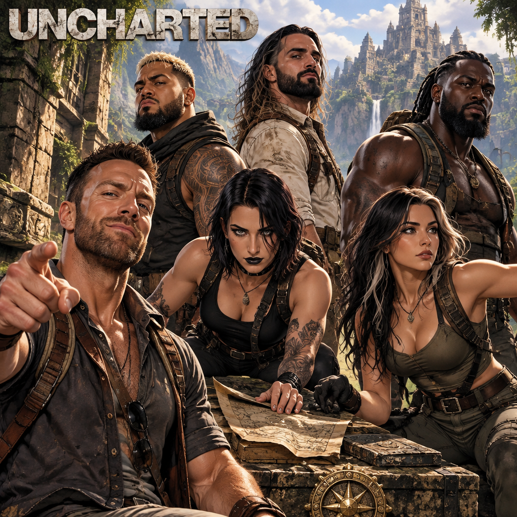 LA Knight,Solo Sikoa,Seth Rollins,Oba Femi,Rhea Ripley and Ari Stone (My wrestler oc) in uncharted