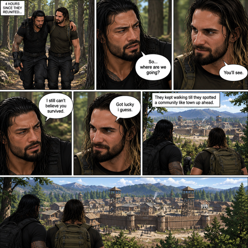 (Part 2 of the Zombie Apocalypse story). Still in the woods,Still far away from the zombies. Roman Reigns was still limping from the sprained ankle and Seth Rollins was helping him walk. It had been 4 hours since they reunited. “So…where are we going?” Roman asked. “You’ll see” said Seth. “I still can’t believe you survived” Said Roman. “Got lucky i guess” said Seth. They kept walking till they spotted a community like town up a head