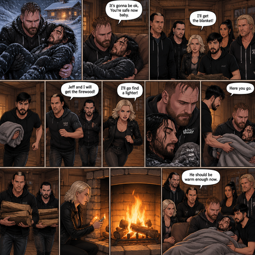 (The monster apocalypse/Moxollins story part 2) Jon Moxley made it out of the blizzard and into a cabin With the Cold and barely conscious Seth Rollins in his arms. His group of survivors (Matt and Jeff Hardy,Toni Storm,Wheeler Yuta,Indi Hartwell and Nic Nemeth) were there too. Jon Sat down on the couch and held Seth. “I’ll get the blanket!” Said wheeler,Then he ran to find a blanket. “Jeff and I will get the firewood” Said Matt,Then Matt and Jeff ran to find firewood. “I’ll go find a lighter” Said Toni,Then she ran to find a lighter. Seth was shivering due to the cold. “It’s gonna be ok,You’re safe now baby” Jon said softly. Wheeler came back with the blanket and gave it to Jon. He gently wrapped it around Seth to keep him warm. Seth’s body warmed up a little. Matt and Jeff came back with the firewood and put it in the fireplace. Toni came back with a lighter and lit up the fireplace. “He should be warm enough now” Said Jeff