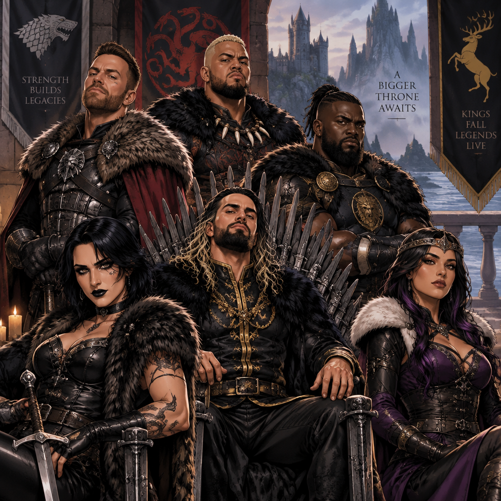 LA Knight,Solo Sikoa,Seth Rollins,Oba Femi,Rhea Ripley and Ari Stone (My Female wrestler oc) In Game of thrones