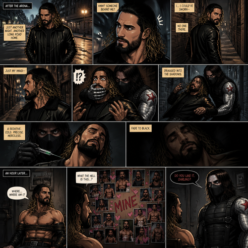 Seth Rollins walking home from the arena alone.Then…he sensed a presence behind him…He turned around…but no one was there.He was about to turn around again…Then he was grabbed from behind…It was the winter soldier.He covered Seth’s mouth with his hand before he could scream.The winter soldier Dragged Seth into an alleyway.Seth struggled.The winter soldier then injected him with a sedative,After that Seth slowly lost consciousness.After an hour Seth wakes up in some sort for room,He was tied to a chair.He looked to the left….There were tons of photos of him and there were hearts around them and in the middle…was the word “mine”.That’s when Seth realized…The winter soldier was obsessed with him. “Do you like it darling?” Said a voice.Seth looked I. Front of him,The winter soldier was standing right there