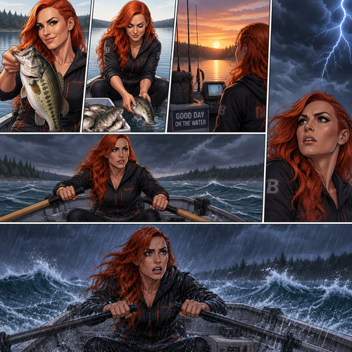 Becky Lynch is in a fishing boat,She had a long day of fishing. She caught a lot of fish (she released them after). She was about to head back to shore….then suddenly…thunder. She started to row back…then the waves started to rise,Then heavy rain