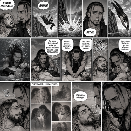 Part 6.Seth Rollins got scared after discovering that the mysterious man (WWE superstar Damien Priest) is a day walker vampire. Seth shoved the man off him…which caused Seth to Stumble and fall off the cliff backwards,Then he hit the water and lost consciousness after. The man was horrified and dived into the water to save Seth,He managed to reach him. He then swam up to the shore with Seth in his arms,He gently put Seth down on the shore. The man panicked,He thought he was gonna lose Seth..again. “No no no Seth please! wake up!please Mi amor! I CAN’T LOSE YOU AGAIN!!!” Said the man. The man then started CPR on Seth hoping he could save him. He kept trying and trying…then…Seth Spat out water and coughed. The man was very relieved,He gently pulled Seth in his embrace while Seth was catching his breath. “You’re okay,You’re ok..I got you,Mi amor..I got you” The man Said softly. As Seth was catching his breath…Flashbacks…of his past life…flashed in his mind. After a while Seth looked up at….The love of his past life..and said his name “Damien…Mi ángel”