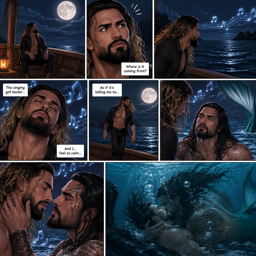 Seth Rollins was alone on a boat at night,He looked at the moon. Then….he heard…singing,he tried looking for the source. “Where is it coming from?” Seth asked himself. Then….the singing got louder,Then….Seth…strangely….started to relax…as if he was in a trance. He slowly…walked to the edge of the boat…as if the singing was telling him to. Then…something popped out of the water….it was a siren (Roman Reigns),The singing came from him. Still hypnotized by the siren song Seth learned forward. The siren gently pulled Seth underwater