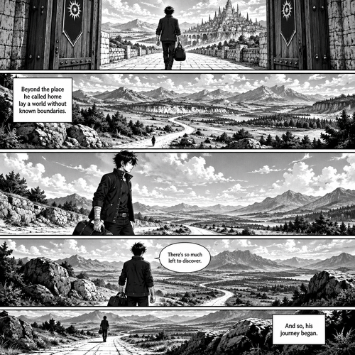 DRAGON STRIKERS

PAGE 6 — BEYOND EVERDAWN

FORMAT: Full-page, black-and-white Japanese manga. Portrait layout, cinematic scenery, detailed ink work, cross-hatching, and screentones.

CHARACTER CONSISTENCY — SORA AMAMIYA

Use the original Sora Amamiya character reference sheet as the visual reference in every panel.

* Age: 17; height: 178 cm; slim, athletic build.
* Hair: Messy, layered jet-black hair with sharp spikes and uneven bangs.
* Eyes: Sharp, light-grey eyes with dark pupils.
* Face: Youthful, defined features and serious eyebrows.
* Outfit: Fitted black high-collar jacket with silver buttons, dark shirt, black trousers, black belt with a rectangular silver buckle, and black lace-up combat boots.
* Wrists: White bandages wrapped around both wrists and partially over both hands.
* Prop: One dark travel bag carried by Sora.

Keep his face, hair, outfit, proportions, and wrist wraps consistent. Do not add weapons, powers, clan emblems, or extra accessories.

PANEL 1 — THE ROAD OUT

Layout: Wide horizontal panel at the top.

Camera: Rear view of Sora walking away from Everdawn’s enormous open gate.

Scene: The gate stands behind him, while a broad stone road extends ahead into a vast landscape. The buildings of Everdawn remain visible in the distance.

Sora carries his travel bag in one hand. His silhouette and clothing must match the reference sheet.

No other characters appear.

PANEL 2 — THE VAST LAND

Layout: Large horizontal panel.

Camera: Extreme wide shot from a high viewpoint.

Scene: The road passes through rolling hills, rocky slopes, and patches of woodland. Distant mountains rise beneath layered clouds. The landscape continues far beyond what the eye can see.

Sora appears as a small figure on the road, emphasizing the enormous scale of the world.

NARRATION:
“Beyond the place he called home lay a world without known boundaries.”

PANEL 3 — ONE TRAVELLER

Layout: Medium panel.

Camera: Side view of Sora walking along the road.

His black hair moves slightly in the breeze. His travel bag hangs beside his leg, and his bandaged hand holds its handle.

His expression is calm and focused. The background shows the road stretching onward.

No dialogue.

PANEL 4 — THE DISTANT HORIZON

Layout: Wide panel near the bottom.

Camera: View from behind Sora, looking toward distant mountains and an immense open landscape.

The road bends into the distance and disappears behind a hill. Use strong foreground shadows and lighter screentones in the background.

Sora pauses briefly to look toward the horizon.

SORA:
“There’s so much left to discover.”

PANEL 5 — CONTINUING FORWARD

Layout: Small final panel with a dark lower border.

Camera: Distant view of Sora continuing along the winding road, his figure becoming smaller against the vast landscape.

NARRATION:
“And so, his journey began.”

FINAL ART DIRECTION

Continue directly from Page 5. Preserve the black-and-white manga style and Sora’s exact reference design. Keep the travel bag consistent in every panel where it appears.

Do not introduce new characters, creatures, conflicts, clan symbols, or supernatural events. The page focuses only on Sora travelling beyond Everdawn.
