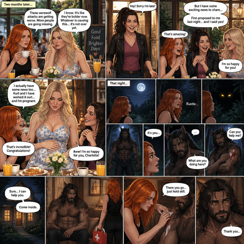 (Part 2 of the Werewolf X human story). It’s been two months since the night Becky Lynch and Her friends Charlotte Flair and Bayley saved the Man (Seth Rollins). They haven’t seen him since. Becky and charlotte were having brunch at a cafe,They were talking about the recent werewolf attacks. Then Bayley showed up late….with a happy grin on her face. She apologized for being late and sat at the table. Then she said she’s has some exciting news to share with the two of them….Finn Bálor proposed to her last night…and she said yes. Becky and Charlotte were happy and excited for Bayley. Then Charlotte said she’s has some news of her own. She and her husband (Kurt Wagner a.k.a nightcrawler) have worked it out…and She’s pregnant. Becky and Bayley were happy and excited for Charlotte. Later that night,Becky was in her backyard looking at the moon…then…She heard a noise from the forest near her house. She looked closely. A pair of Yellow eyes were looking at her. A werewolf slowly walked out of the forest and walked towards her. Her heart was pounding. The werewolf stood in front of her. She….recognized those eyes….it was the man Becky and the girls saved two months ago. “It’s you” said Becky. He nodded. “What are you doing here?” Becky asked. He shows her the wound on his arm…then he spoke “Can you help me?”. Becky looked at the wound. “Sure…I can help you” Said Becky. They went inside Becky’s house. Becky went to get the first aid kit and the werewolf sat down on the couch. She came back and gently treated the werewolf’s wound