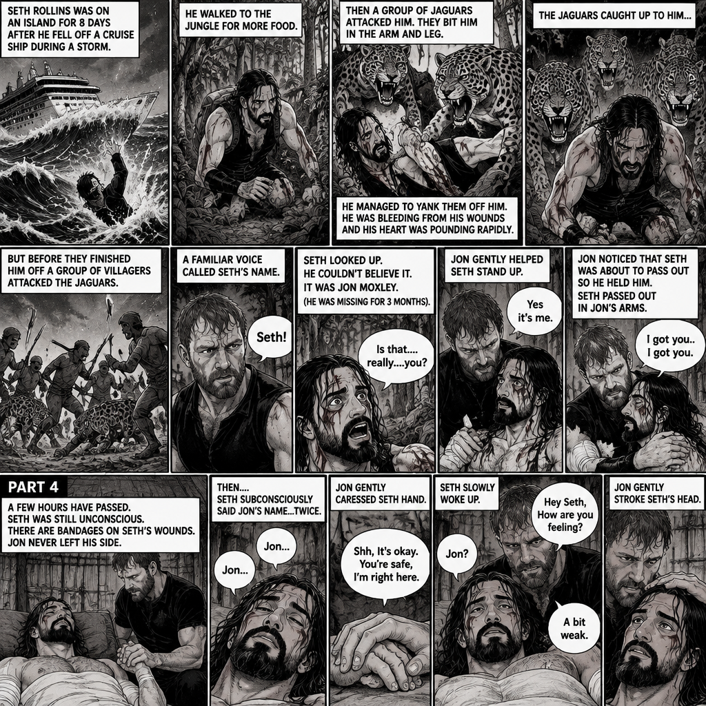 (Recap) Seth Rollins was on a Island for 8 days after he fell off a cruise ship during a storm,He walked to the jungle for more food,Then a group of jaguars attacked him,They bit him in the arm and leg,He managed to yank them off him,He was bleeding from his wounds and his heart was pounding rapidly,The jaguars caught up to him,but before they finished him off a group of villagers attacked the Jaguars,A familiar Voice called Seth’s name,Seth looked up,He couldn’t believe it,It was Jon Moxley (He was missing for 3 months),Jon gently helped Seth stand up,”Is that….really….you?” Seth asked,”Yes it’s me” Said Jon,Jon noticed that Seth was about to pass out so he held him,Seth passed out in Jon’s Arms,”I got you..I got you” Said Jon,He lifted Seth in his arms. (And now part 4). A few hours have passed,Seth was still unconscious,There are bandages on Seth’s wounds. Jon never left his side,He was gently holding Seth’s hand. Then….Seth subconsciously said Jon’s name…Twice. Jon gently caressed Seth hand. “Shh,It’s okay,You’re safe,I’m right here” Jon said softly. Seth slowly woke up. “Jon?” Seth asked softly. “Hey Seth,How are you feeling?” Jon said softly. “A bit weak” Seth said softly. Jon gently stroke Seth’s Head