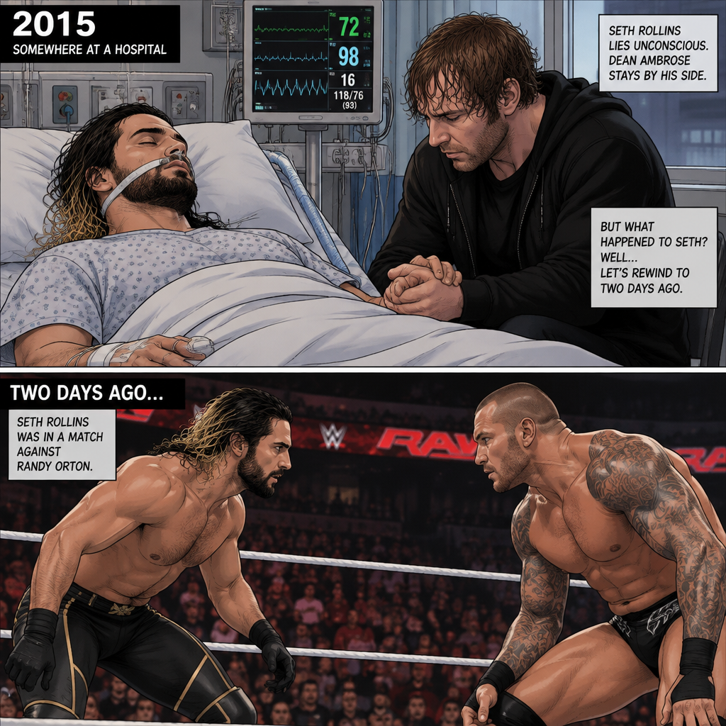 It’s the year 2015,We’re in a hospital. Seth Rollins was lying in a hospital bed unconscious. Dean Ambrose was sitting by his side and holding his hand. (What happened to Seth you ask? Well…let’s rewind to two days ago). Seth was in a match against Randy Orton