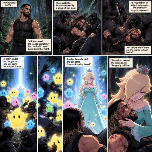 (Part 2 of the Seth Rollins x Princess Rosalina story). It had been two months since that night. Seth hadn’t seen Luma since. He was walking in the woods completely lost. Then suddenly….he attacked by a group of bad guys. He fought them off as best as he could…but eventually he got overpowered. Just before one of them got the chance to finish him off…a beam landed on the ground…and out came an army of Lumas. They attacked the bad guys. Another beam landed…and out came Princess Rosalina herself. She walked towards the injured Seth. She gently held him