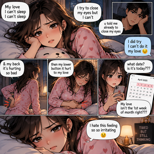 My love I can’t sleep I can’t sleep I try to close my eyes but I can’t u told me already to close my eyes I did try I can’t do it my love & my back it’s hurting so bad then my lower button it hurt to my love what date? is it’s today??? My love isn’t the 1st week of month right??? I hate this feeling so so irritating 