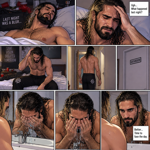 Seth Rollins was asleep after a party last night. Seth slowly woke up hungover,He can barely remember what happened at the party. He slowly got up,then he slowly walked to the bathroom. He splashed cold water in his face
