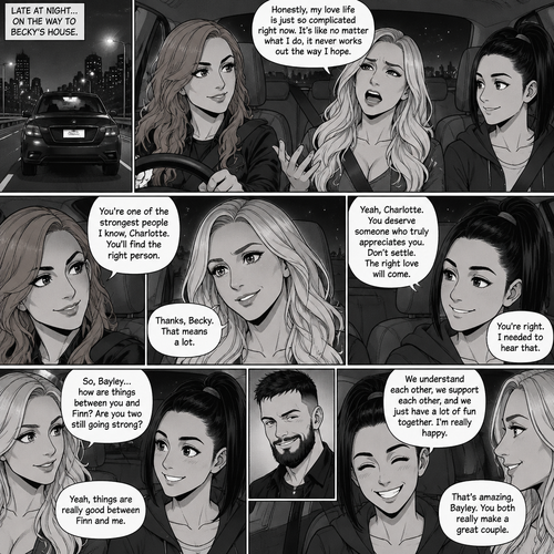 It was late at night,Becky Lynch Was in a car with Charlotte Flair and Bayley. They were driving to Becky’s house. Charlotte was talking about her complicated love life. Becky and Bayley were giving her words of comfort and support. Charlotte then asked Bayley how things were between her and Finn Bálor (They’re dating in this story). Bayley said things were going very well between the two of them 