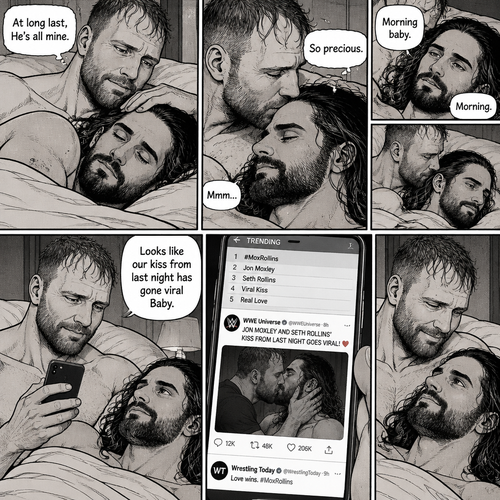 (Part 3). Still in Jon Moxley’s hotel room. Jon Moxley and Seth Rollins were asleep after last night’s activity. Jon slowly woke up,he looked down at Seth who was still asleep. Jon smiled,then he gently stroked Seth’s head. “At long last,He’s all mine” Jon thought to himself. He gently kissed Seth’s forehead. Seth hummed softly in his sleep. “So precious” Jon thought to himself. Seth slowly woke up. “Morning baby” Jon said softly. “Morning” Seth said softly. Jon gently pulled Seth closer to him. Jon picked up his phone. That kiss with Seth from last night went viral. Jon looked at Seth and smiled. “Looks like our kiss from last night has gone viral Baby” Jon said Softly
