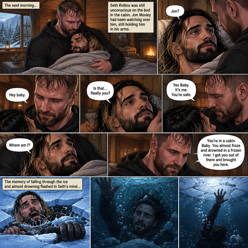 (The monster apocalypse/Moxollins story part 3). The next morning,Seth Rollins was Still unconscious on the bed in the cabin with the blanket wrapped around him to keep him warm. Jon Moxley had been watching over him Still holding him in his arms. Then Seth slowly regained consciousness,The first thing he sees is Jon looking down at him,Then he spoke softly “Jon?”. “Hey baby” Jon said softly. “Is that…Really you?” Seth asked softly. Jon gently stroked Seth’s cheek. “Yes Baby,It’s me,You’re safe” Jon said softly. “Where am I?” Seth asked softly. “You’re in a cabin Baby,You almost froze and drowned in a frozen river,I got you out of there and brought you here” Jon said Softly. The memory of fall through the ice and almost drowning in the freezing water flashed in Seth’s mind