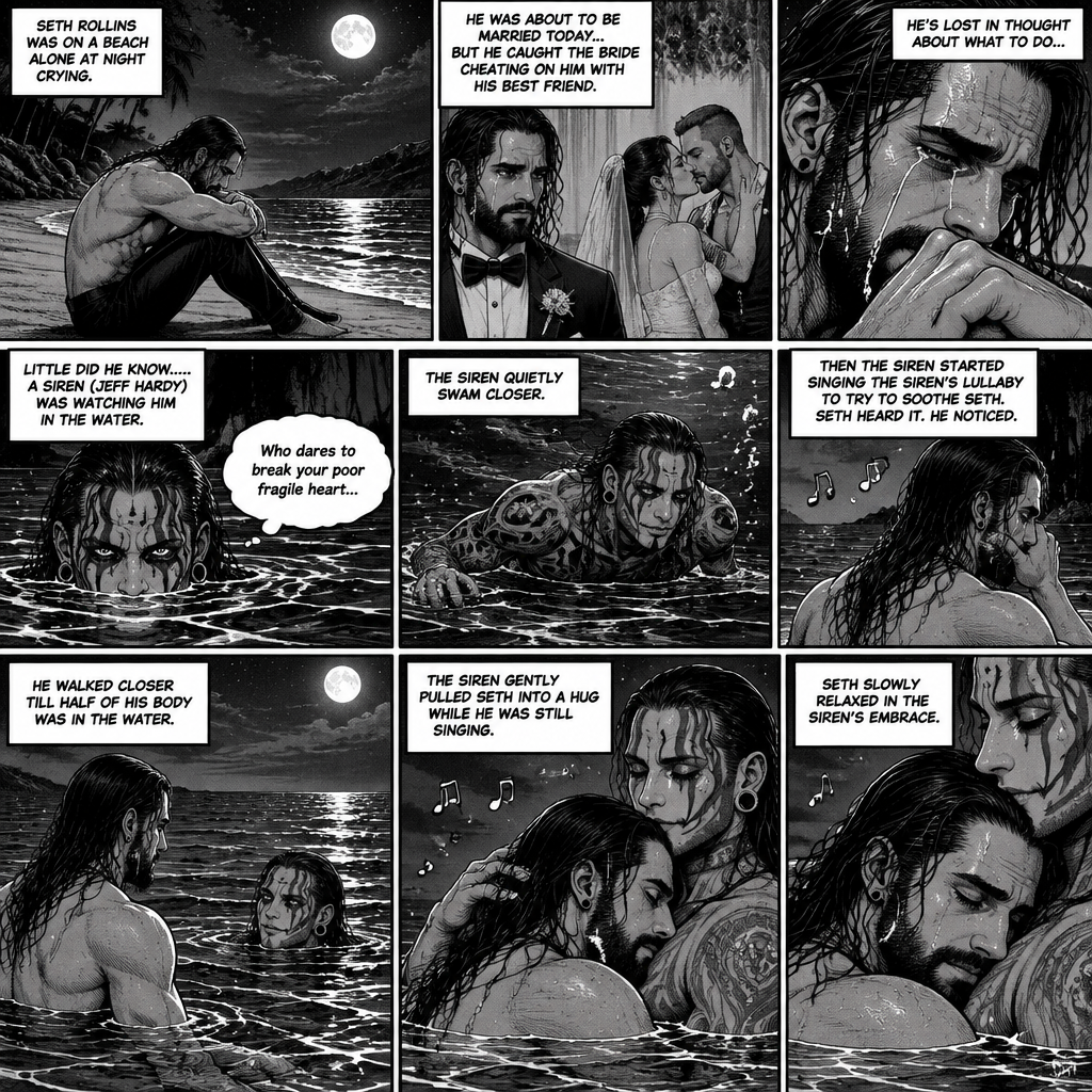 Seth Rollins was on a beach alone at night crying. He was about to be married today….but he caught the bride cheating on him with his best friend. He’s lost in thought about what to do,Little did he know…..A siren (Jeff Hardy) was watching him in the water. “Who dares to break your poor fragile heart” the siren said to himself. The siren quietly swam closer. Seth was still crying. Then the siren started singing the siren’s lullaby to try to Soothe Seth. Seth heard it,He noticed. He walked closer till half of his body was in the water. The siren gently pulled Seth into a hug while he was still singing. Seth slowly relaxed in the siren’s embrace. (End of part 1)