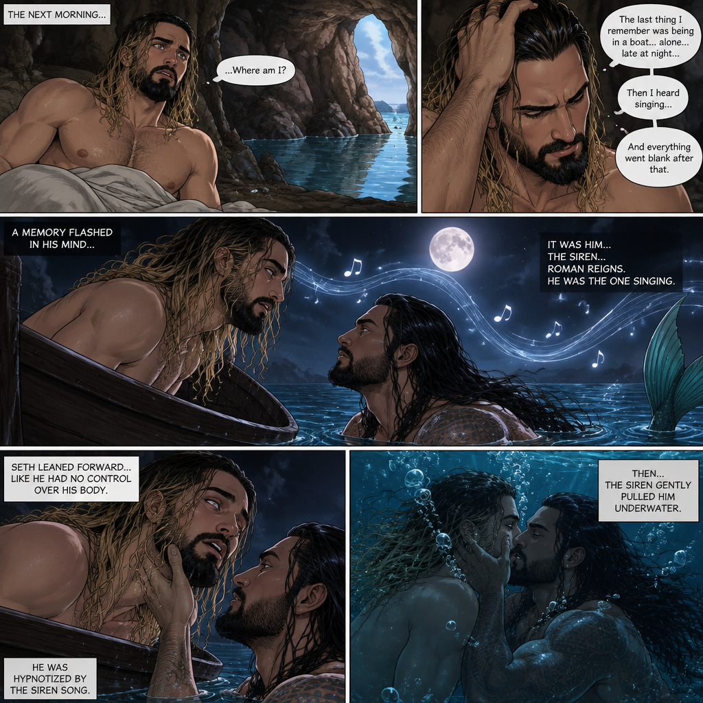 (Part 2 of the siren x human story). The next morning Seth Rollins woke up in some sort of cave,He was confused as to how he got there.The last he remembered was being in a boat alone late at night…then he heard singing…and everything went blank after that,Then….A memory flashed in his mind….A siren (Roman Reigns) came to his boat…he was the one singing. Seth leaned forward like he had no control over his body (He was hypnotized by the siren song btw). The siren gently pulled him underwater