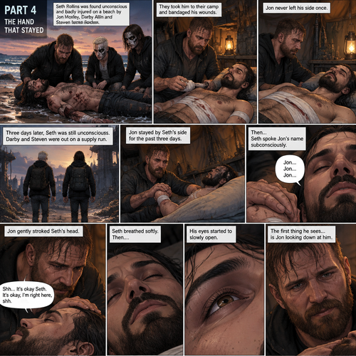 Part 4 of the apocalypse story.Seth Rollins was found unconscious and badly injured on a beach by Jon Moxley,Darby Allin and Steven Borden (Sting’s son).They took him to their camp and bandaged his wounds.Jon never left his side once.3 days later,Seth was still unconscious,Darby and Steven were out on a supply run,Jon stayed by Seth’s side for the past three days.Jon gently held Seth’s hand,Then…Seth Spoke Jon’s name subconsciously “Jon…Jon…Jon”.Jon gently stroked Seth’s head. “Shh It’s okay Seth,It’s okay,I’m right here,shh” Jon whispered.Seth breathed softly,Then….His eyes started to slowly open,The first thing he sees is Jon looking down at him
