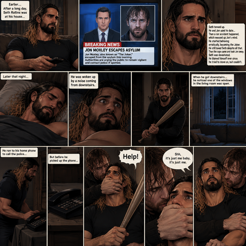 (Recap) Seth Rollins was at his house after a long day,A news report came on tv,The reporter said that Jon Moxley A.KA the Joker had escaped from the asylum that morning,Seth tensed up a bit,he and Jon used to date….then car accident happened witch messed up Jon’s mind,he started behaving erratically becoming the joker,he still loved Seth despite all that,then the cops came and took Jon away,Seth was devastated,he blamed himself ever since,he tried to move on but couldn’t. (And now part 2). Seth was asleep in his bed….then he was woken up by a noise coming from downstairs. He grabbed a bat and walked downstairs,when He got downstairs…he noticed…one of the windows in the living room was open. He got spooked. He ran to his home phone to call the police….but before he picked up the phone….someone grabbed him from behind. “Help!” Seth Yelled. The person covered Seth’s mouth. The person whispered In Seth’s ear “Shh,it’s just me baby,it’s just me”. Seth recognized that voice…it was Jon. He removed his hand from Seth’s mouth,then he wrapped his arms around Seth