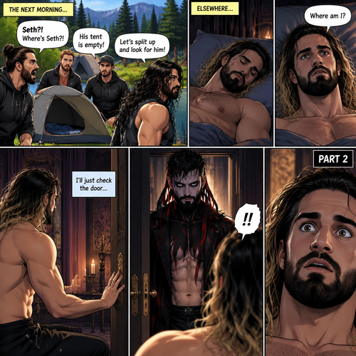 (Recap). Seth Rollins was camping with a group of friends,A mysterious creature (Finn Bálor) was watching him,at midnight Seth and the group were sleeping in their tents,The mysterious creature slowly walked towards Seth’s tent,he unzipped the tent,He quietly crawled into Seth’s tent,then he looked at Seth who was still sleeping,He gently caressed Seth’s cheek,Seth hummed softly in his sleep,the mysterious creature lifted the sleeping Seth in his arms,”I finally got you…my bride” the mysterious creature whispered,Then he quietly walked out of Seth’s tent while holding the sleeping Seth,then teleported away. (And now part 2). The next morning,Seth’s group woke up and noticed Seth was gone. They looked for him. Meanwhile,Seth was asleep in some sort of bed. Then he woke up. He was confused. “Where am I?” Seth asked himself. He was in some sort of bedroom. He got up and slowly walked towards the door,Before he touched the door handle…the door opened…the mysterious creature was standing there. Seth’s eyes widened.
