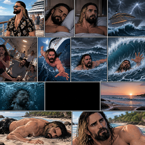 Seth Rollins is on a cruise ship,One night he was asleep,Then suddenly…thunder. He got up. The ship was rocking against the strong waves. Everyone was panicking,Then….Seth fell overboard. He swam as best as he could. The waves were strong,Then…A big wave came crashing down on him. Everything.Went.Black. A few hours have passed,Seth was unconscious on the shore,Then he slowly regained consciousness