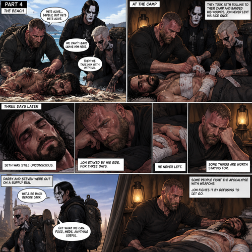 Part 4 of the apocalypse story.Seth Rollins was found unconscious and badly injured on a beach by Jon Moxley,Darby Allin and Steven Borden (Sting’s son).They took him to their camp and bandaged his wounds.Jon never left his side once.3 days later,Seth was still unconscious,Darby and Steven were out on a supply run,Jon stayed by Seth’s side for the past three days