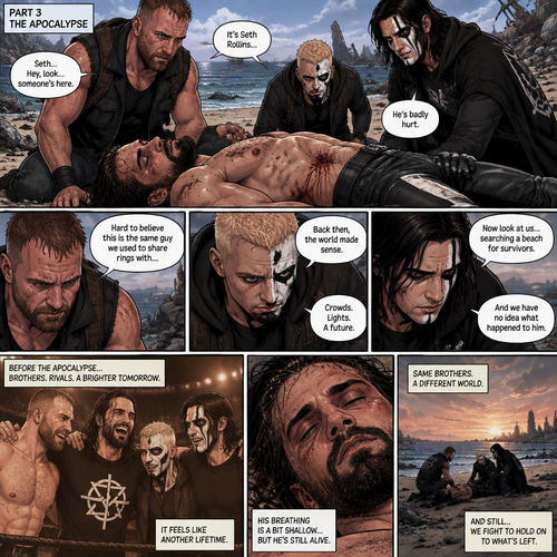 Part 3 of the apocalypse story.Jon Moxley,Darby Allin and Steven Borden (Sting’s son) Found Seth Rollins unconscious and badly injured on the beach while reminiscing about the time before the apocalypse.They had no idea what happened to him.Seth’s breathing was a bit shallow