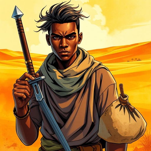 A lonely African 19 years old young man with a bag of money and a sword standing in the middle with of a desert