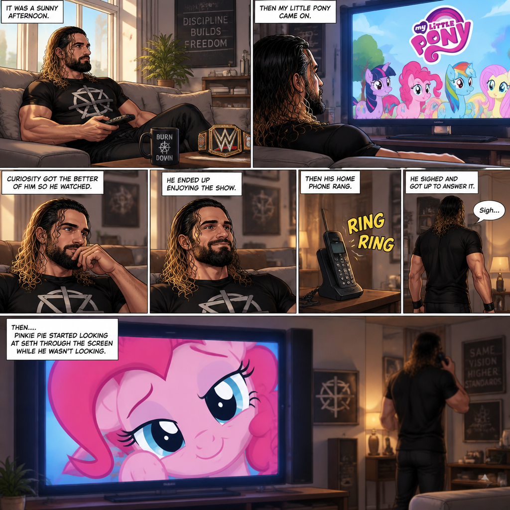 It was a sunny afternoon,Seth Rollins was watching tv,Then my little pony came on. Curiosity got the better of him so he watched,He ended up enjoying the show.Then his home phone rang,He sighed and got up to answer it,Then….Pinkie Pie started looking at Seth through the screen while he wasn’t looking