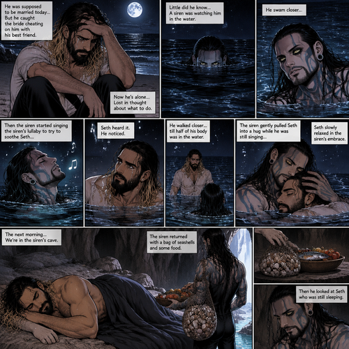 (Recap)Seth Rollins was on a beach alone at night crying because He was about to be married today….but he caught the bride cheating on him with his best friend,He’s lost in thought about what to do,Little did he know…..A siren (Jeff Hardy) was watching him in the water,he swam closer,Then the siren started singing the siren’s lullaby to try to Soothe Seth,Seth heard it,He noticed. He walked closer till half of his body was in the water,The siren gently pulled Seth into a hug while he was still singing,Seth slowly relaxed in the siren’s embrace. (And now part 2) The next morning,we’re in the siren’s cave,Seth was asleep in some sort of makeshift bed. The siren returned with a bag of seashells and some food. He put the bag of seashells and the food down somewhere,Then he looked at Seth who was still sleeping.