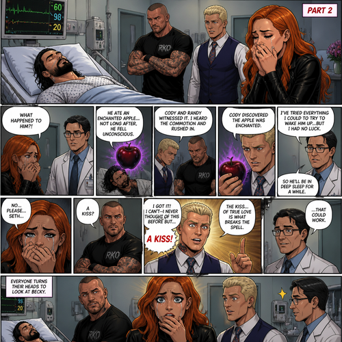Part 2 of the enchanted apple story.Seth Rollins is now at the hospital Still unconscious after eating the enchanted apple with Randy Orton and Cody Rhodes by his side.Then Becky Lynch showed up after getting the call about Seth being in the hospital,She was in tears.She asked the doctor what happened to him.The doctor tells her what happened from the Apple,To Seth falling unconscious,To Cody and Randy witnessing it,To the doctor hearing the commotion,To Cody discovering the apple was enchanted ”I’ve tried everything I could to try to wake up…but I had no luck,So he’ll be in deep sleep for a while” Said the doctor. Becky cried,While Randy and Cody just looked sad.Then…Cody suddenly thought of a solution, “I got it! I can’t I never thought of this before but…A kiss!” Said Cody. Randy raised an eyebrow “A kiss?” Asked Randy. “The kiss…Of true love is what breaks the spell” said Cody “…That could work* Said the doctor.Every one turns their heads to look at Becky.End of part 2