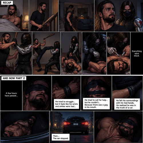 (Recap). Seth Rollins was in his house about to go to bed then he heard a noise downstairs,He grabbed his bat and went to investigate,He looked around He sees nothing at first,Then he sensed a presence behind him,He swung the bat and the intruder but the intruder caught it with his metal arm,That’s right it’s the winter soldier,He threw Seth’s bat away,Seth tried to ninja kick the winter soldier but he grabbed his ankle and threw him to the ground,Then he grabbed he grabbed Seth’s ankle again and pulled him closer,Seth struggled,The winter soldier got on top of him,Seth kept struggling,The winter soldier grabbed something from his pocket and injected it into Seth,Seth tried to fight it,but he couldn’t,Everything went black. (And now part 2). A few hours have passed,Everything was still black,Then…Seth slowly regained consciousness. He couldn’t see anything…because he was blindfolded. He tried to struggle…but it feels like his wrists and ankles were tied…well because they were. He tried to call for help…but he couldn’t…Because there was a gag in his mouth. He felt  his surroundings with his tied hands,He realized he was in the trunk of a car. Then…the car stopped