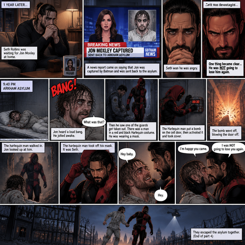 (Part 4 of the Joker x Harlequin story). 1 year later,Seth Rollins was waiting for Jon Moxley (The Joker) at home. Then a news report came on saying that Jon was captured by Batman and was sent back to the asylum. Seth was devastated…and then he was angry. One thing became clear…He was NOT going to lose him again. 9:40 pm,Jon was asleep in his padded room in the asylum…then he heard a loud Bang. He jolted awake. “What was that?” Jon asked himself,Then he saw one of the guards get taken out. There was a man in a red and black Harlequin costume,He was wearing a mask. Jon was confused. The Harlequin man put a bomb on the cell door,then activated it and took cover. Jon took cover as well. The bomb went off,blowing the door off. The harlequin man walked in. Jon looked up at him. The harlequin man took off his mask,It was Seth. Jon was happy. “Hey baby” Said Jon. “Hey” Said hey. They kissed. “I’m happy you came” Said Jon. “I was NOT going to lose you again” said Seth. They escaped the asylum together. (End of part 4)
