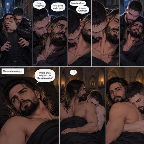(Vampire Finn Bálor x Reincarnated Seth Rollins Part 3) The next morning,Seth slowly woke up. He was confused as to why he was in the catacombs.The last thing he remembered was walking on a sidewalk at night,Then someone (Finn Bálor grabbed him from behind,Covered his mouth with his hand and pulled him into an alleyway,He was struggling to get free from the person but he was somehow stronger than him,The person got irritated and told him to stop struggling,Then the person sniffed his neck and said that his blood smelled good,His heart was pounding with fear,The person said to Don’t be afraid and that it wouldn’t hurt much,Then the person’s fangs pierced his neck,It hurt a little,The person held him,After about 8 minutes the person removed his fangs from his neck,he was barely conscious,The person lifted him in his arms. That’s all he remembered. He wanted to get up…But a pair of arms was holding him from behind him. He looked behind him,The person was asleep behind him