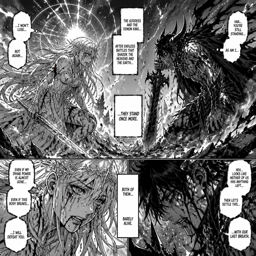 The goddess starts fighting the demon King again and both of them are barely alive