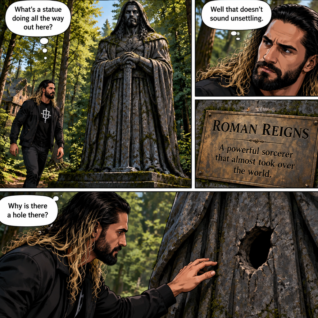 Seth Rollins was walking in the woods near his house,Then…he discovered an old statue Of a man in a cloak (Roman Reigns). “What’s a statue doing all the way out here?” Seth asked himself. He looks at the nameplate “Roman Reigns,A powerful sorcerer that almost took over the world”. “Well that doesn’t sound unsettling” Seth said to himself sarcastically. Then he noticed a hole on the statue. “Why is there a hole there?” Seth asked himself