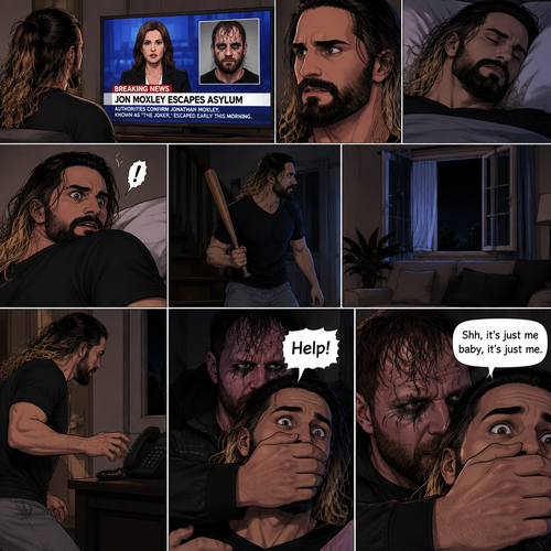 (Recap) Seth Rollins was at his house after a long day,A news report came on tv,The reporter said that Jon Moxley A.KA the Joker had escaped from the asylum that morning,Seth tensed up a bit,he and Jon used to date….then car accident happened witch messed up Jon’s mind,he started behaving erratically becoming the joker,he still loved Seth despite all that,then the cops came and took Jon away,Seth was devastated,he blamed himself ever since,he tried to move on but couldn’t. (And now part 2). Seth was asleep in his bed….then he was woken up by a noise coming from downstairs. He grabbed a bat and walked downstairs,when He got downstairs…he noticed…one of the windows in the living room was open. He got spooked. He ran to his home phone to call the police….but before he picked up the phone….someone grabbed him from behind. “Help!” Seth Yelled. The person covered Seth’s mouth. The person whispered In Seth’s ear “Shh,it’s just me baby,it’s just me”