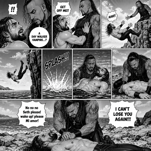 Part 6.Seth Rollins got scared after discovering that the mysterious man (WWE superstar Damien Priest) is a day walker vampire. Seth shoved the man off him…which caused Seth to Stumble and fall off the cliff backwards,Then he hit the water and lost consciousness after. The man was horrified and dived into the water to save Seth,He managed to reach him. He then swam up to the shore with Seth in his arms,He gently put Seth down on the shore. The man panicked,He thought he was gonna lose Seth..again. “No no no Seth please! wake up!please Mi amor! I CAN’T LOSE YOU AGAIN!!!” Said the man. The man then started CPR on Seth hoping he could save him