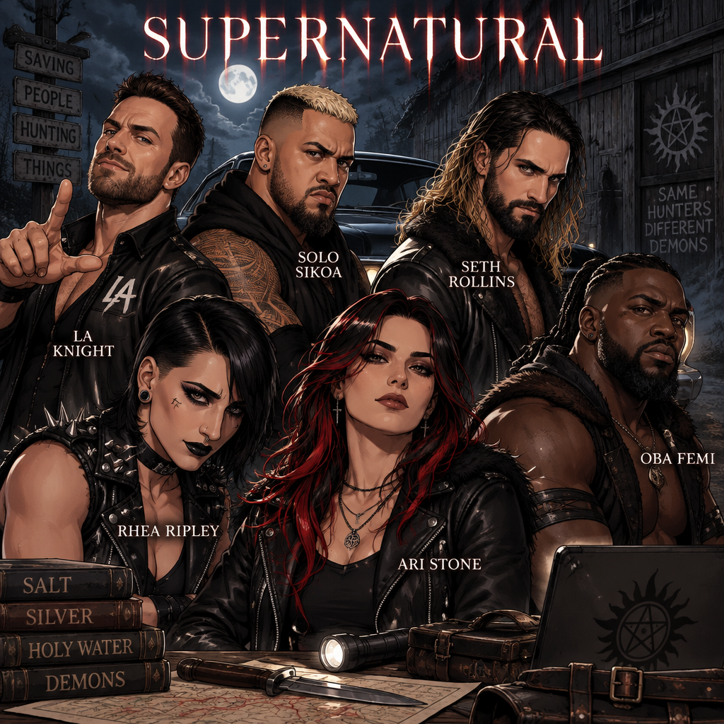 LA Knight,Solo Sikoa,Seth Rollins,Oba Femi,Rhea Ripley and Ari Stone (My wrestler oc) in Supernatural